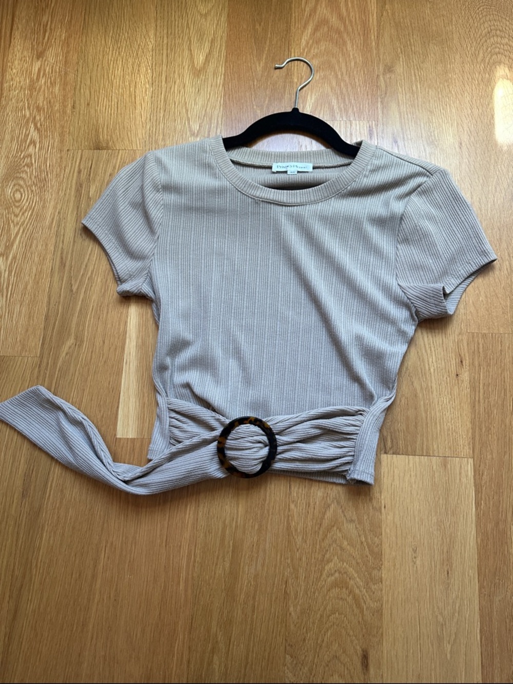 Ribbed Tie-Waist Short Sleeve Top in Beige